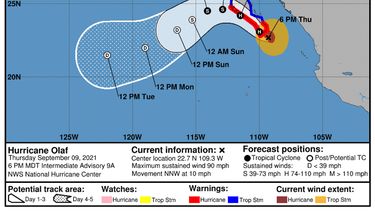 Cono de trayectoria del huracán Olaf.&nbsp;