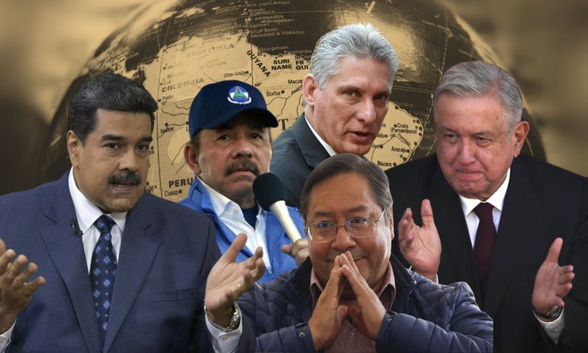 Los dictadres Nicolás Maduro, de Venezuela; Daniel Ortega, Nicaragua; Miguel Díaz-Canel, Cuba; y los gobernantes izquierdistas de México y Bolivia, Andrés Manuel López Obrador y Luis Arce.