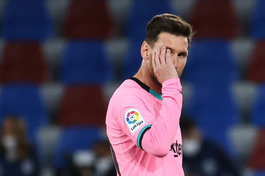El delantero argentino del Barcelona Lionel Messi reacciona al finalizar el partido de la liga española Levante UD contra el FC Barcelona&nbsp;
