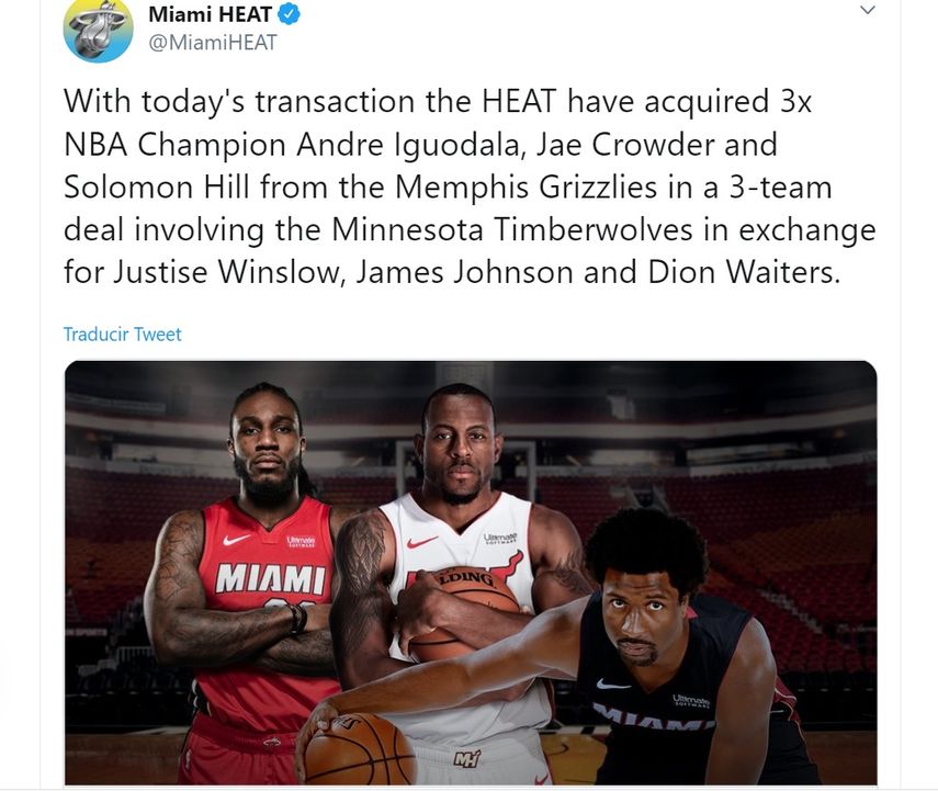 Andre Iguodala, Solomon Hill y Jae Crowder se unieron al Heat de Miami en febrero de 2020.