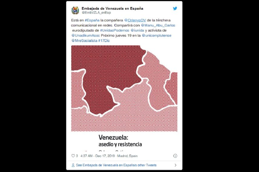 Captura de pantalla del post de Twitter de la cuenta de la embajada del r&eacute;gimen de Nicol&aacute;s Maduro.&nbsp;