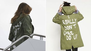 Imágenes como esta inundaron las redes sociales sobre la gabardina usada por la primera dama, Melania Trump, para su viaje a los campamentos de niños inmigrantes en Texas.