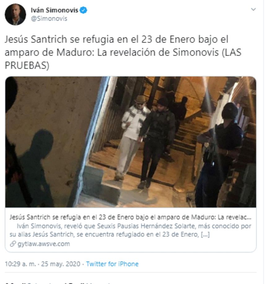 Menaje difundido por el&nbsp;Comisionado Especial de Seguridad e Inteligencia del gobierno interino de&nbsp;Venezuela, Iv&aacute;n Simonovis, a trav&eacute;s de su cuenta en Twitter.