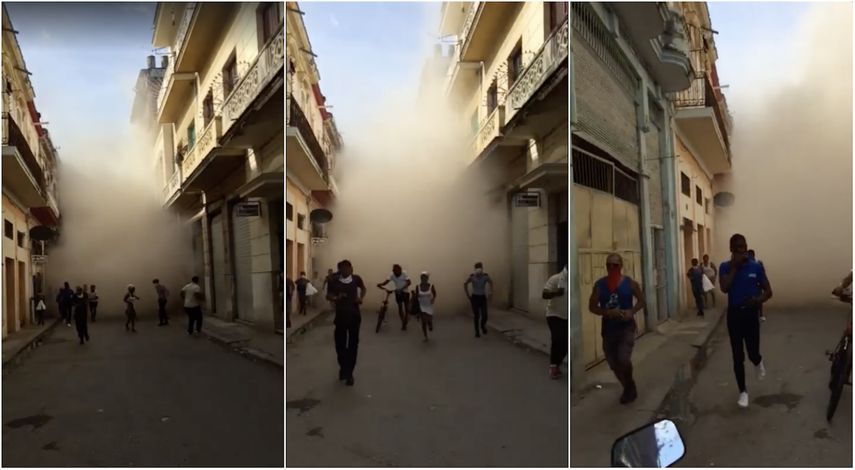 Quienes estaban en esa zona de la calle Obispo, en La Habana Vieja, Cuba, tuvieron que alejarse corriendo para evitar la nube de polvo.&nbsp;