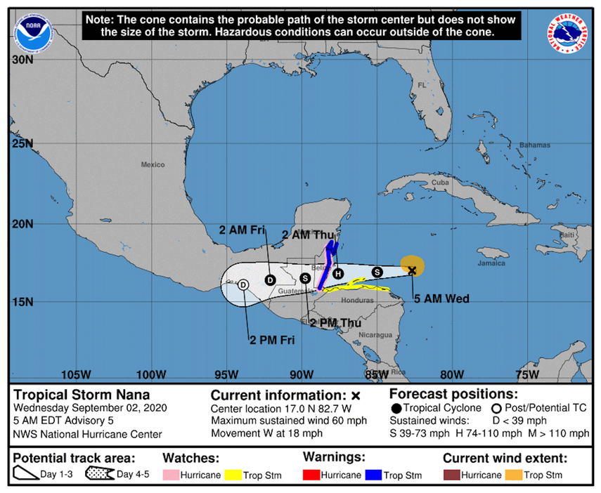 Cono de proyecci&oacute;n de la&nbsp;tormenta tropical Nana, seg&uacute;n un reporte del Centro Nacional de Huracanes del 2 de septiembre a las 5 am.&nbsp;