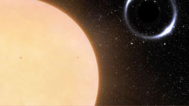 Esta ilustración proporcionada por el centro astronómico NOIRLab en noviembre de 2022 muestra el hoyo negro más cercano a la Tierra y la estrella que lo acompaña, la cual es similar al Sol.&nbsp;