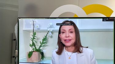 La dirigente María Corina Machado participó de forma virtual en el evento en el que la oposición venezolana presentó un Gran Acuerdo Nacional, el 18 de octubre de 2026.