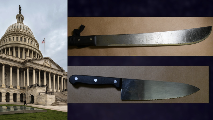 La Policía del Capitolio de Estados Unidos publicó una imagen del machete y el cuchillo que portaba el joven el 27 de diciembre de 2023.&nbsp;