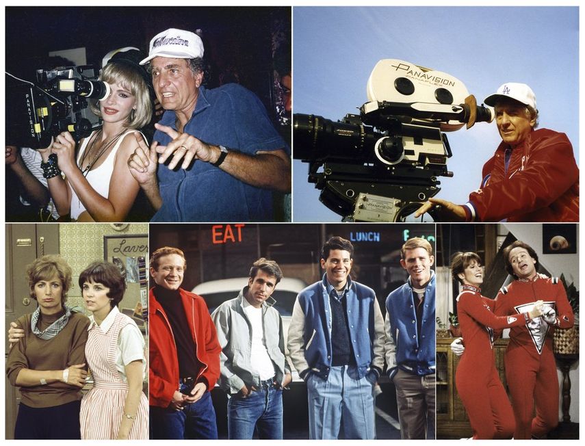 Esta combinación de fotografías proporcionadas por ABC muestra al director Garry Marshall con Julia Roberts en el plató de la película Pretty Woman, de la esquina superior izquierda en el orden de las manecillas del reloj, Marshall detrás de la cámara, Pam Dawber y Robin Williams en una escena de Mork & Mindy Donny Most, Henry Winkler, Anson Williams y Ron Howard de Happy Days, y Penny Marshall y Cindy Williams en Laverne & Shirley. El legado de Marshall será recordado en el especial de ABC The Happy Days of Garry Marshall. 