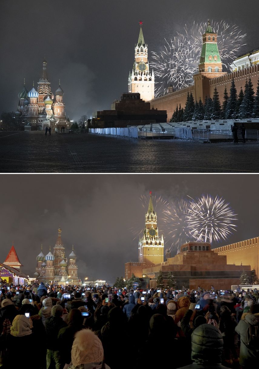 Esta imagen combinada muestra en la parte superior los fuegos artificiales explotando sobre el Kremlin y la Torre Spasskaya en una Plaza Roja casi vacía durante las celebraciones de Año Nuevo en Moscú, Rusia, el jueves 31 de diciembre de 2020 y abajo, una foto de archivo tomada desde el mismo ángulo durante Nueva Celebraciones del año el 31 de diciembre de 2019.&nbsp;