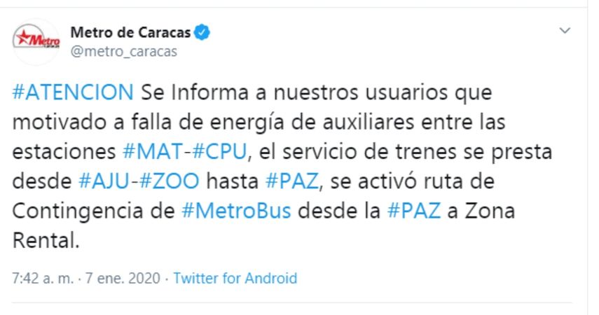 Captura de pantalla del mensaje enviado por el Metro de Caracas&nbsp;