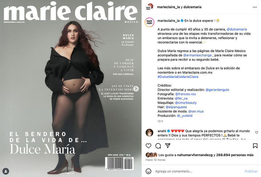 Captura de pantalla de la cantante mexicana Dulce María en la revista Marie Claire