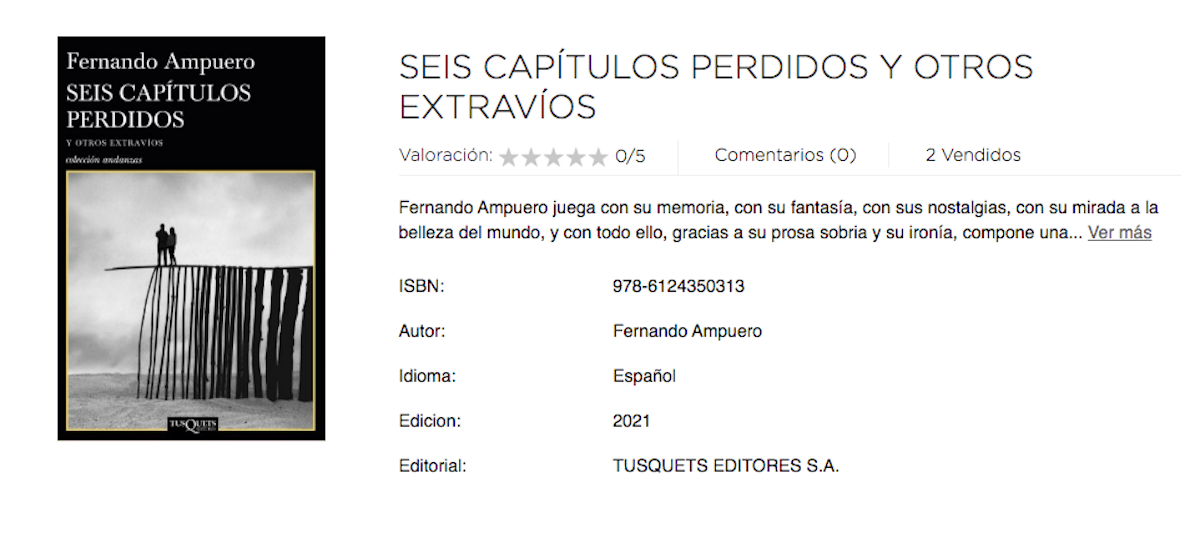 Captura de pantalla del portal de SBS Librería Internacional que muestra la portada y sinopsis del nuevo libro del escritor peruano Fernando Ampuero, “Seis capítulos perdidos y otros extravíos”. Captura de pantalla del portal de SBS Librería Internacional que muestra la portada y sinopsis del nuevo libro del escritor peruano Fernando Ampuero, “Seis capítulos perdidos y otros extravíos”.