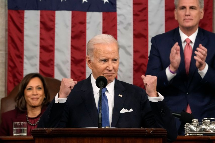 El presidente Joe Biden pronuncia su discurso del Estado de la Unión en el Capitolio, el martes 7 de febrero de 2023, en Washington.&nbsp;