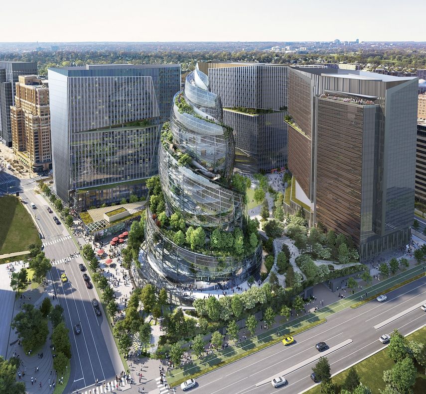 Esta concepción artística facilitada por Amazon muestra lo que será la estructura principal para la la 2da sede de la compañía que será construida en Arlington, Virginia, una torre en forma helicoidal.&nbsp;