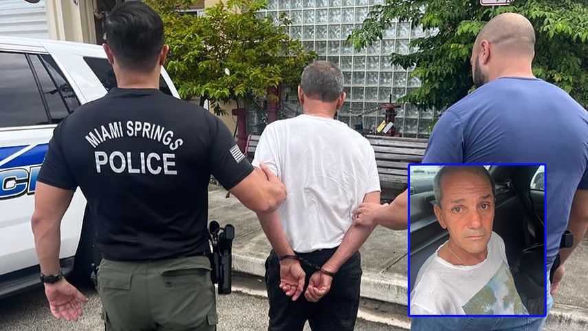 El implicado en el caso de agresión al momento de ser arrestado por agentes de la policía de Miami Springs.