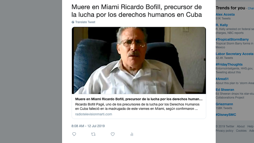 Captura de pantalla de Twitter con la publicación de Radio y TV Martí donde se anuncia la muerte de Ricardo Bofill.&nbsp;