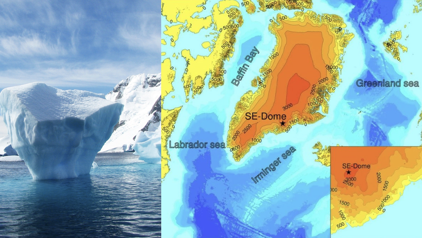 Mapa térmico de Groenlandia que indica las elevaciones de la región. La estrella indica la cúpula sureste de la capa de hielo de Groenlandia, donde se recogió el núcleo de hielo de este estudio.&nbsp;