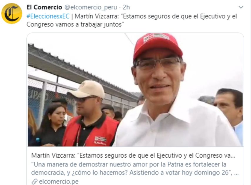 Captura del mensaje enviado por las redes sociales en la que se rese&ntilde;a la votaci&oacute;n del presidente de Per&uacute;, Mart&iacute;n Vizcarra.&nbsp;
