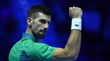 El serbio Novak Djokovic reacciona durante el primer partido de todos contra todos ante el danés Holger Rune en el torneo de tenis ATP Finals, en Turín, el 12 de noviembre de 2023. &nbsp;