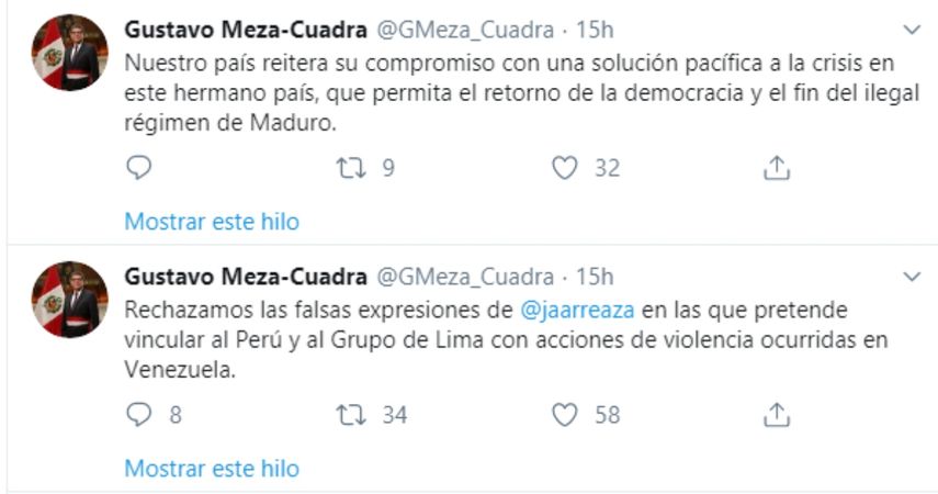 Captura de los mensajes enmitidos por el canciller de Per&uacute;,&nbsp;Gustavo Meza-Cuadra.&nbsp;