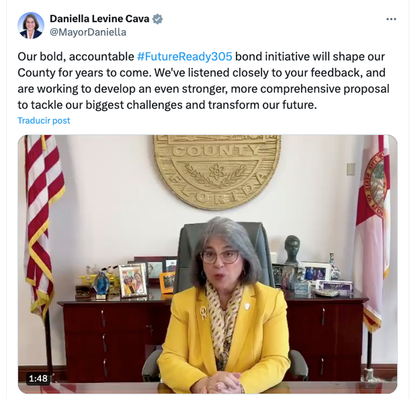 Alcaldesa Levine Cava explica en X las razones del aplazamiento de su iniciativa de bonos.