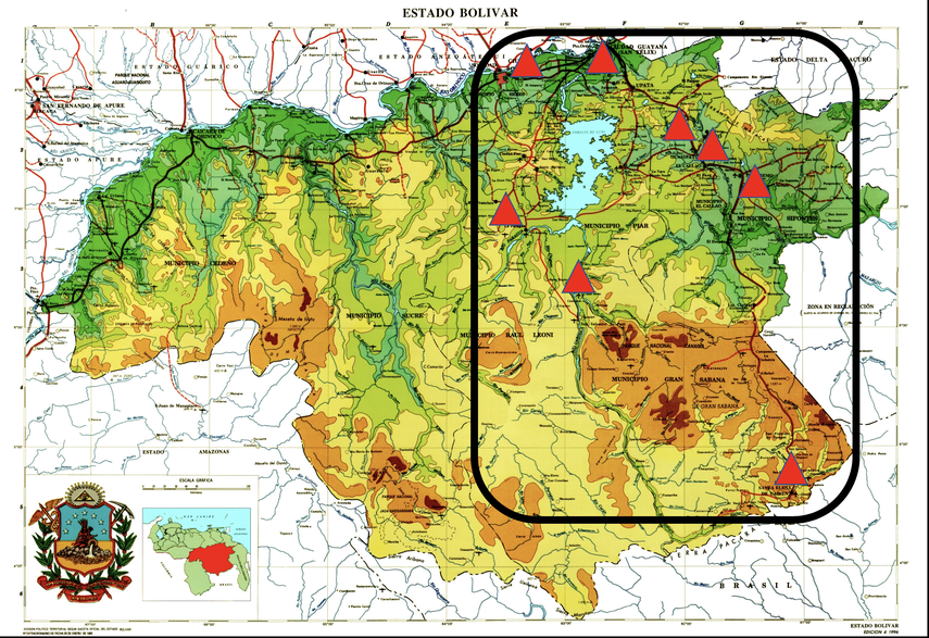 El mapa del estado Bolívar en Venezuela está marcada la zona donde los rusos realizan la operación militar. 