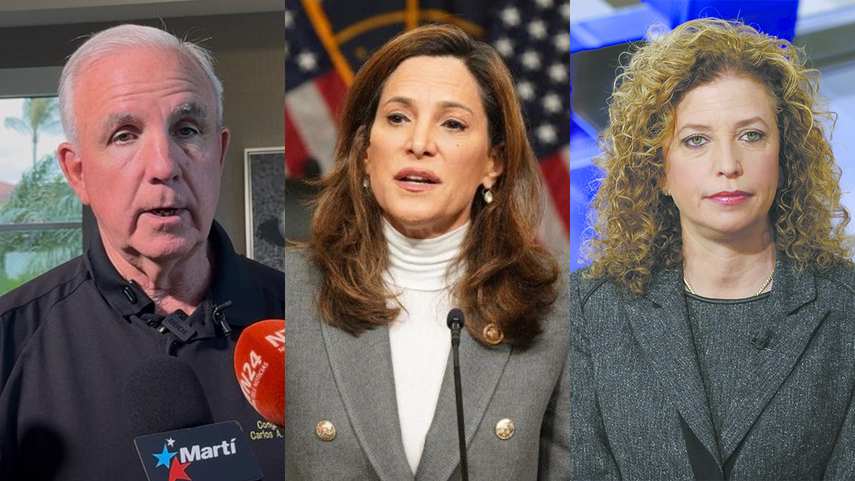 Los congresistas Carlos Giménez, María Elvira Salazar y Debbie Wasserman Schultz.