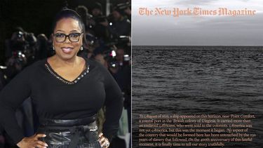 En esta foto combinada, a la izquierda Oprah Winfrey posa para los fotógrafos en el estreno de la película A Wrinkle In Time en Londres el 13 de marzo de 2018. A la derecha la portada de un número especial de The 1619 Project de la revista The New York Times, el cual será adaptado para cine y TV.