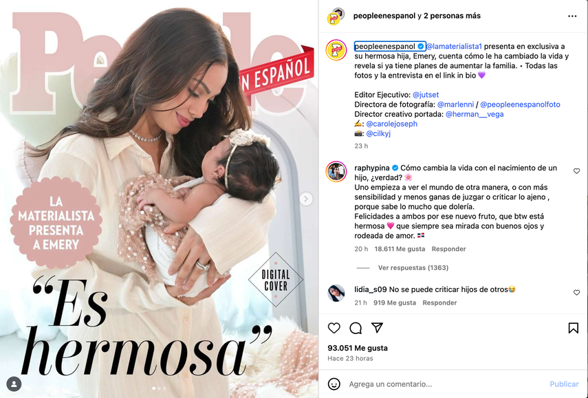 La cantante dominicana La Materialista presenta a su hija Emery / Captura de Pantalla People en Español