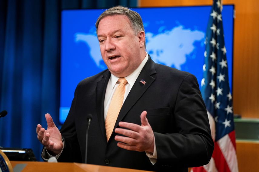 El secretario de Estado estadounidense, Mike Pompeo, ofrece una rueda de prensa en Washington D.C (Estados Unidos).