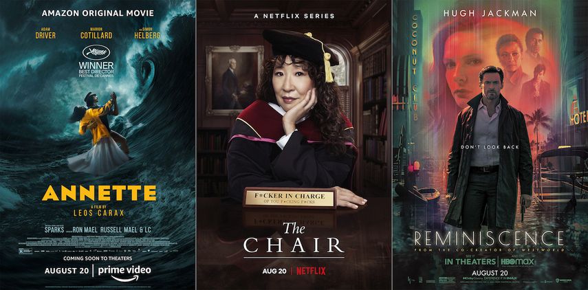En esta combinación de fotografías el arte promocional de Annette, que se estrena el 20 de agosto en Amazon Prime, izquierda, The Chair, una serie que se estrena el 20 de agosto en Netflix y Reminiscence, una película que se estrena el 20 de agosto en HBO Max.