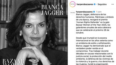Captura de pantalla de Bianca Jagger, honorada con el premio Human Rights Defender por la revista Harpers Bazaar España