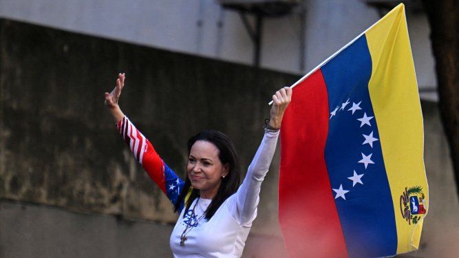 María Corina Machado, líder de la oposición venezolana, en la concentración del 9 de enero de 2025 en Caracas
