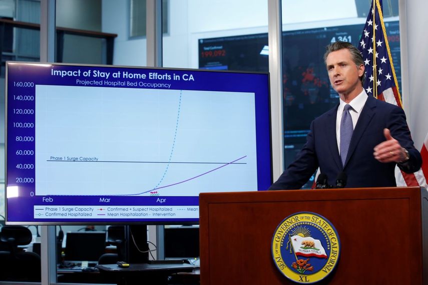 El gobernador de California, Gavin Newsom, en conferencia de prensa el mi&eacute;rcoles 1 de abril de 2020, en Rancho Cordova, California. &nbsp;