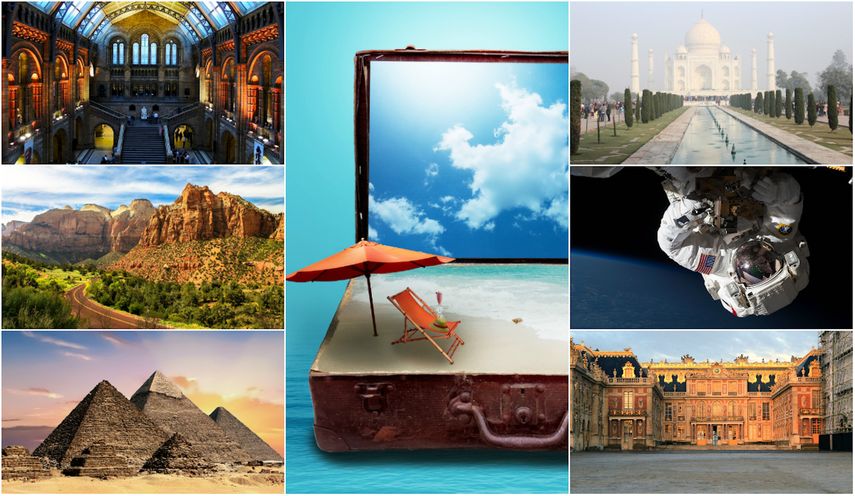 Collage de sitios de interés cultural del mundo, famosos como destinos del turismo internacional. 