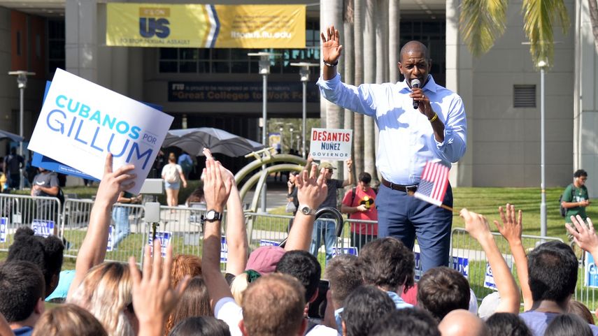 Andrew Gillum, candidato demócrata a la gobernación de Florida, durante un acto político en la Universidad Internacional de la Florida, FIU.&nbsp;