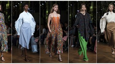 Modelos con piezas de la colecci&oacute;n de confecci&oacute;n de Stella McCartney primavera verano 2020 en la Semana de la Moda de Par&iacute;s el 30 de septiembre de 2019. McCartney ha luchado por a&ntilde;os por el medio ambiente y sy m&aacute;s reciente colecci&oacute;n est&aacute; hecha con algod&oacute;n org&aacute;nico, polyester reciclado, viscosa sustentable y lana producida sin crueldad animal de manera sustentable.