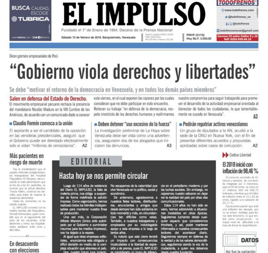 Editorial publicada por el Diario El Impulso este sábado 10 de febrero.&nbsp;