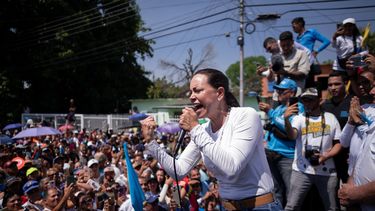 María Corina Machado, candidata de la oposición venezolana a las elecciones de 2024, en un mitin político en el estado Carabobo, al centro-norte de Venezuela