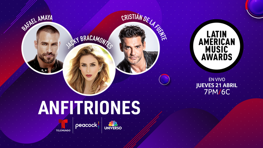 Telemundo anunció hoy que Rafael Amaya, Jacqueline Bracamontes, y Cristián de la Fuente serán los anfitriones oficiales de los Latin AMAs 2022