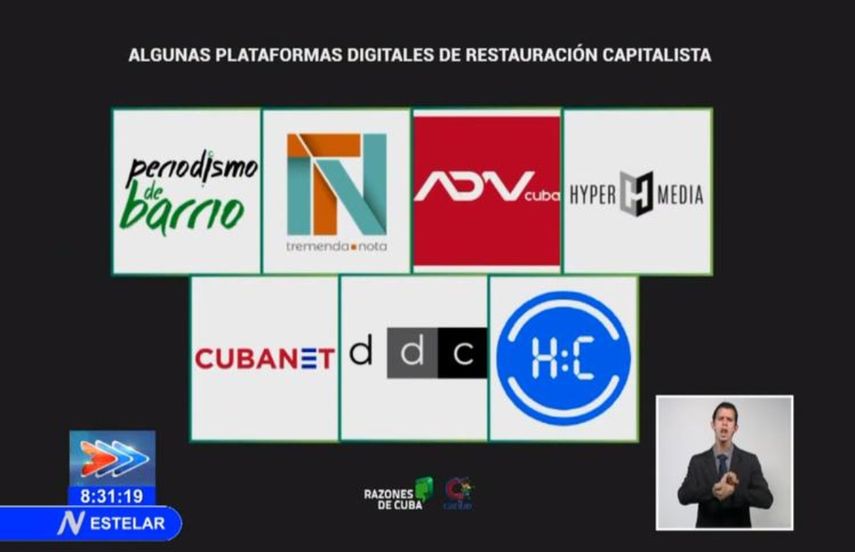 El conductor del segmento Las Razones de Cuba, Humberto López mostró bajo el título “Algunas plataformas digitales de restauración capitalista”, los logos de los medios de prensa Periodismo de Barrio, Tremenda Nota, ADNCUBA, Hypermedia, Cubanet, Diario de Cuba y La Hora de Cuba.
