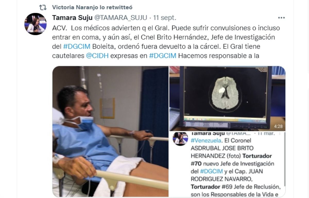 Pedro Naranjo, interno en el centro de la Dirección General de Contrainteligencia Militar (DGCIM) de Boleíta, en Caracas, fue trasladado el 9 de septiembre a la Policlínica Metropolitana, debido a que había sufrido un Accidente Cerebrovascular. Pedro Naranjo, interno en el centro de la Dirección General de Contrainteligencia Militar (DGCIM) de Boleíta, en Caracas, fue trasladado el 9 de septiembre a la Policlínica Metropolitana, debido a que había sufrido un Accidente Cerebrovascular.
