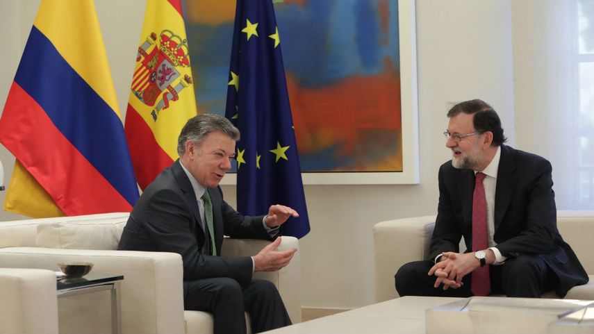 El presidente del Gobierno Mariano Rajoy y el presidente de Colombia Juan&nbsp;Manuel&nbsp;Santos en el Palacio de La Moncloa en Madrid.
