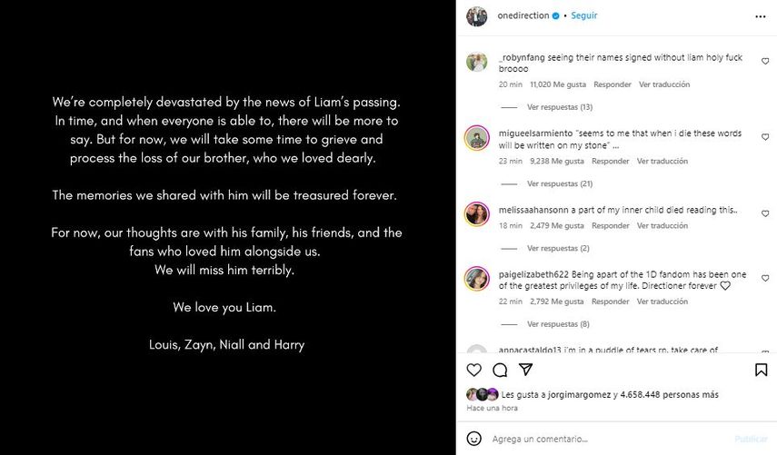 Comunicado del grupo británico One Direction. 