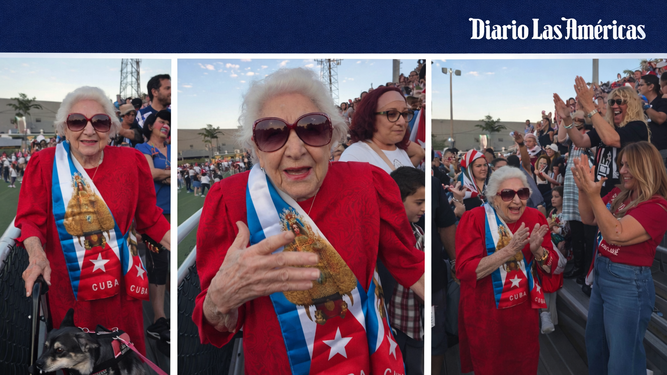 Una nonagenaria abuela cubana se suma con energía a las consignas, entre música y banderas por una Cuba libre.