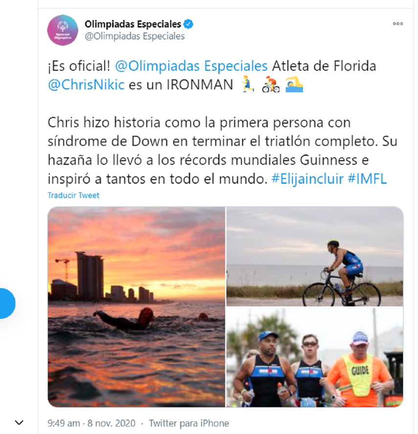 Captura de pantalla de @SpecialOlympics en la que se observa como Chris Nikic&nbsp; cumplió su hazaña en las tres facetas del exigente Triatlon, Ironman.