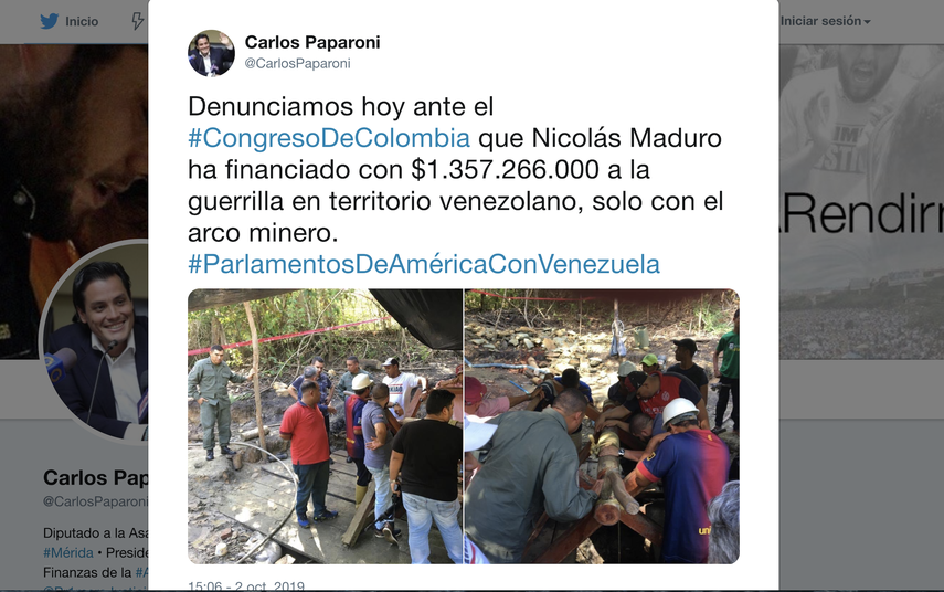 Captura de pantalla de la publicaci&oacute;n hecha por Carlos Paparoni, en su cuenta en Twitter, donde denuncia la presencia de las FARC y del ELN en Venezuela.&nbsp;