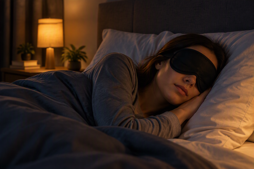 Persona duerme con antifaz.&nbsp;