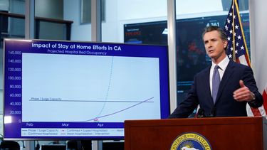 El gobernador de California, Gavin Newsom, en conferencia de prensa el mi&eacute;rcoles 1 de abril de 2020, en Rancho Cordova, California. &nbsp;